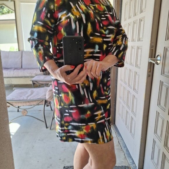 Tildon Dress Multi Color Deep Slit Back SzL Junior Long Sleeves Round Cute Dres - Picture 2 of 16